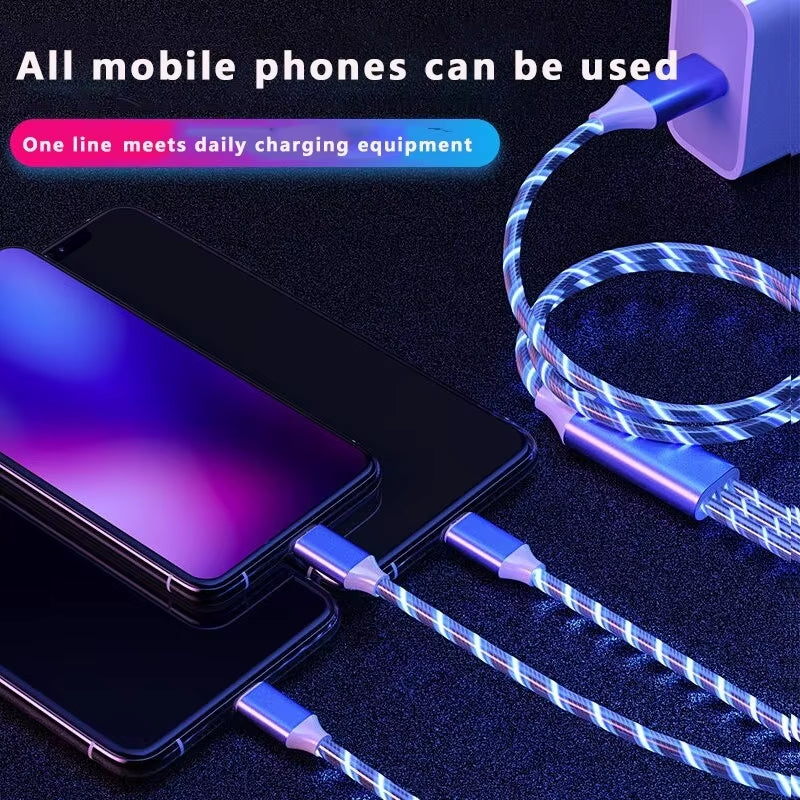 3 in 1 Glowing LED Light 3A Fast Charging Micro USB Type C Cable for Iphone Samsung Xiaomi Redmi Phone Charger USB Cable