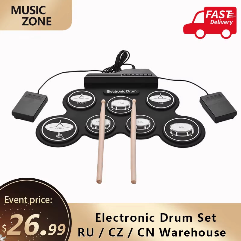 Drum Electronic Drum Set Compact Size USB Folding Silicon Drum Pad Digital Electronic Drum Kit 7-Pad with Drumsticks Foot Pedals