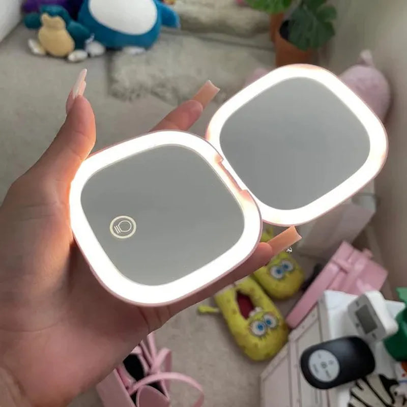 Mini Compact Led Makeup Mirror with Light 5X Magnifying Small Pocket Portable Travel Pink Black Foldable Cosmetic Vanity Mirrors